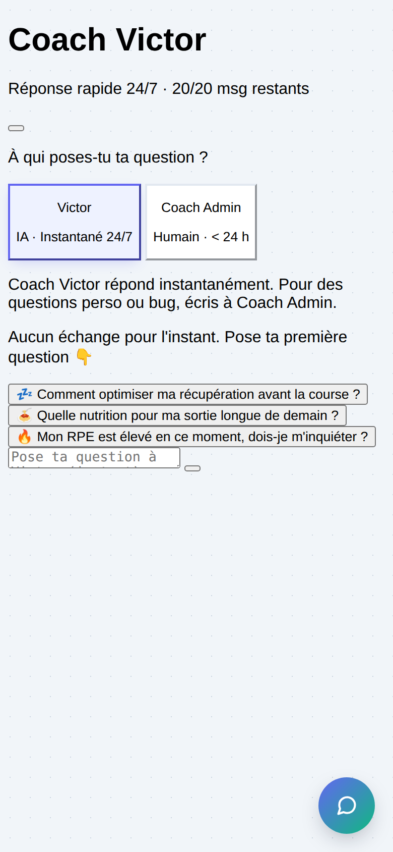 Chat Coach Victor RUNCALIX avec questions suggérées
