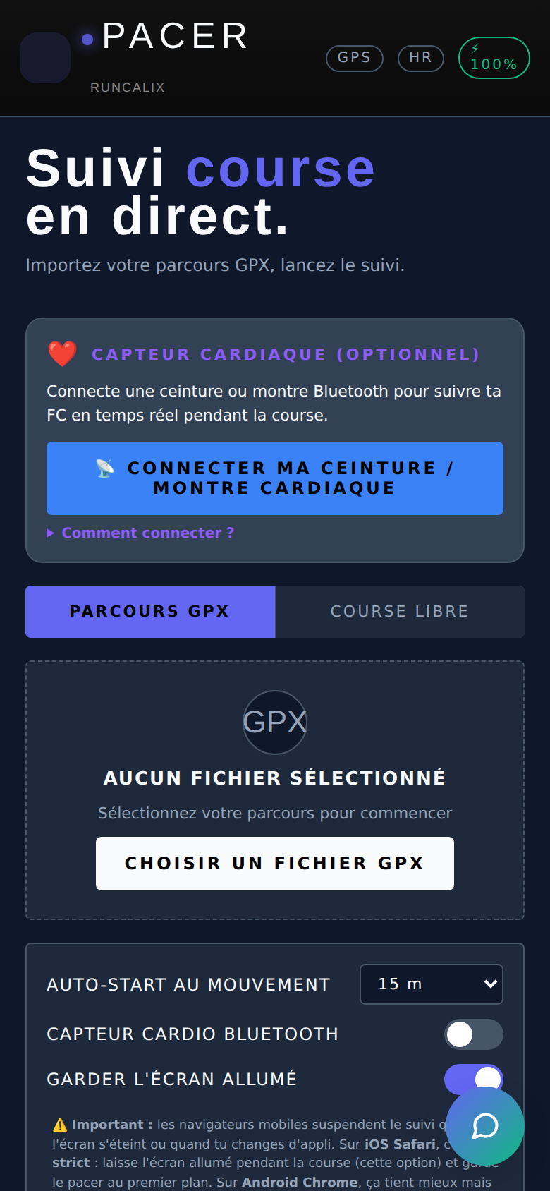 Pacer Live RUNCALIX — import GPX et capteur cardiaque BT
