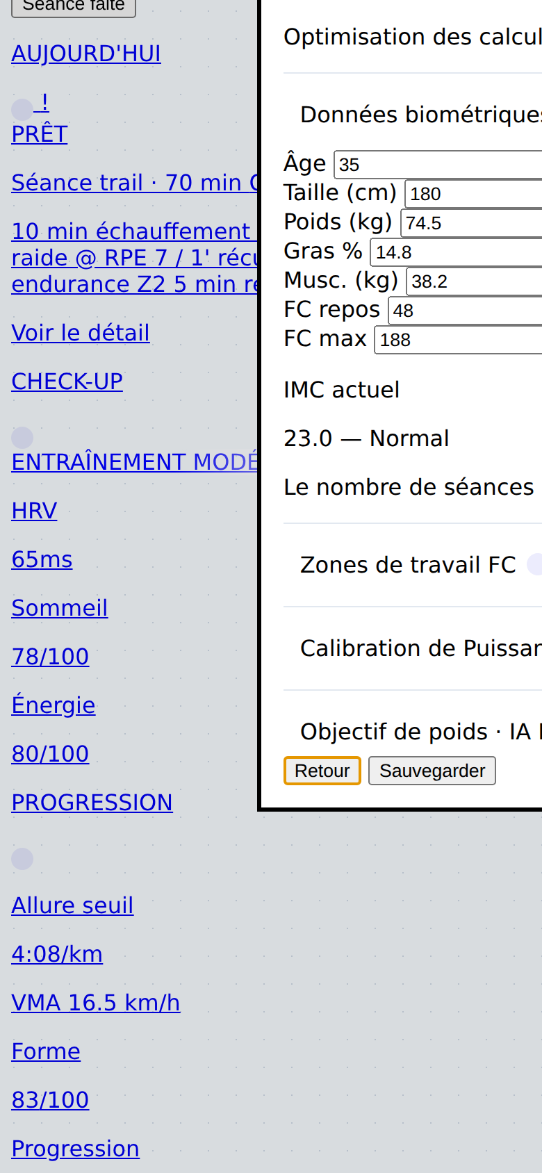 Modal données biométriques avec âge, poids, FC repos, FC max